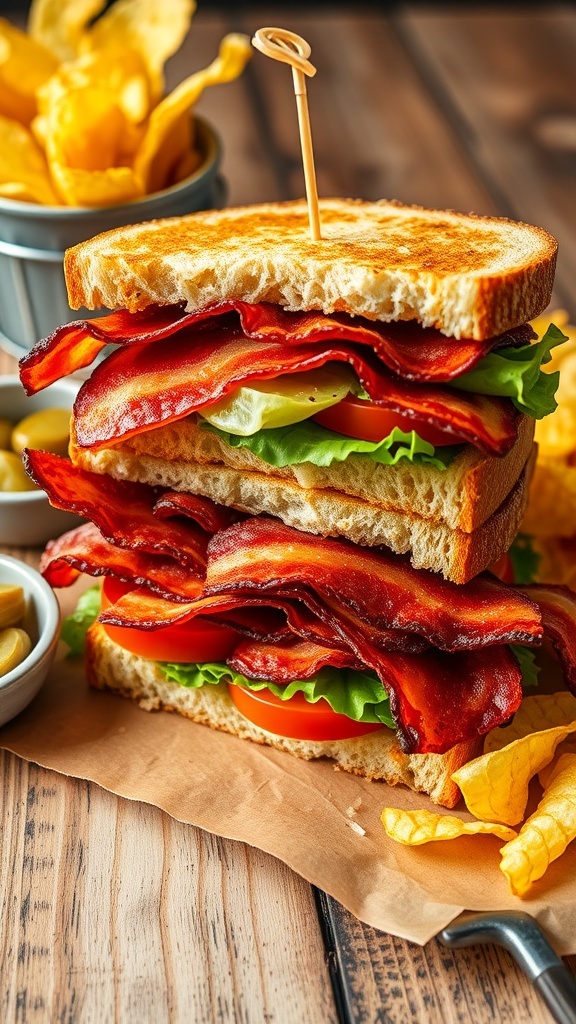 Delicious Bacon Sandwich Ideas A crispy bacon sandwich with lettuce and tomato on toasted sourdough, served with potato chips and pickles.